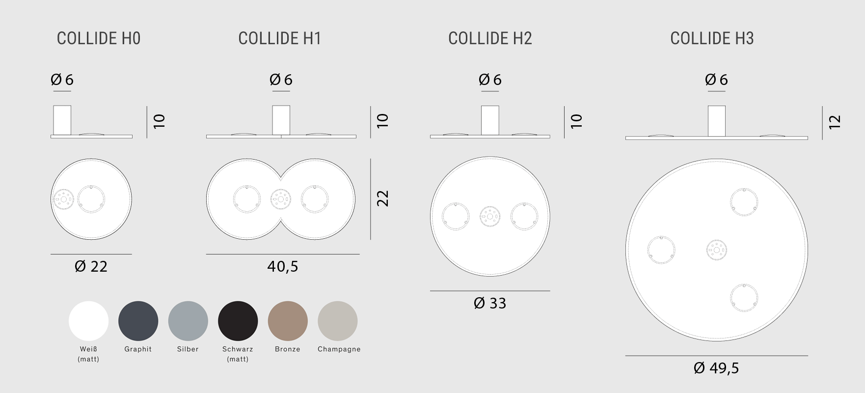 Rotaliana Collide LED-Wand- und Deckenleuchte - Abmessungen und Farbvarianten