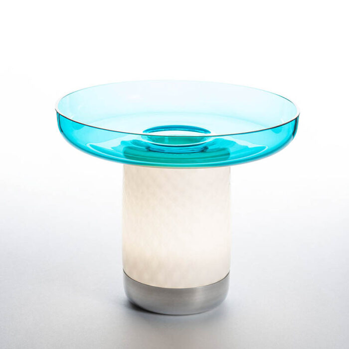 Artemide Bontà LED-Tischleuchte mit türkiser Glasschale