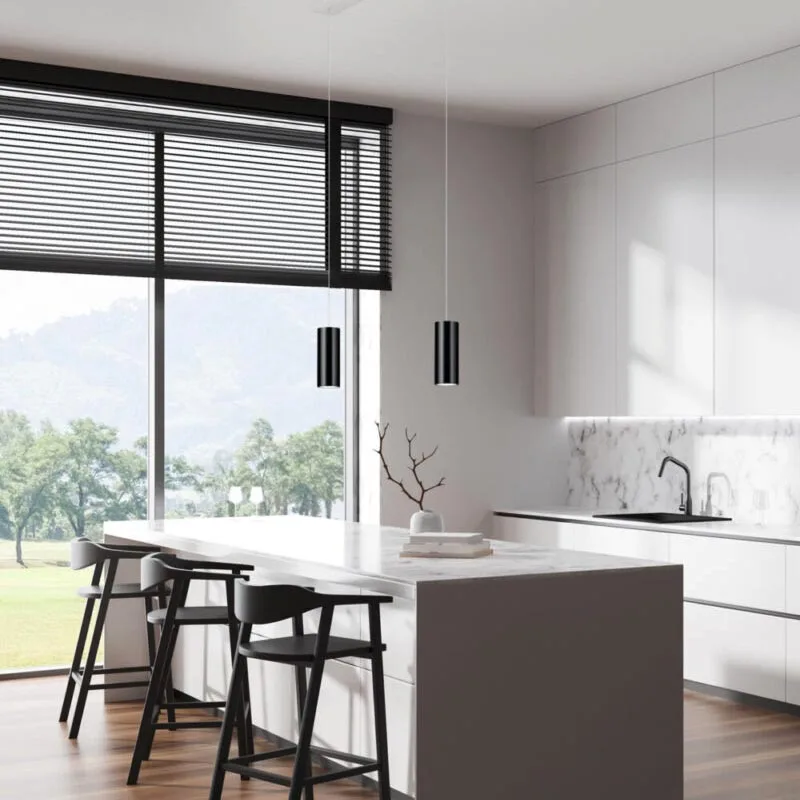 White kitchen and living room interior Pendelleuchten Knapstein