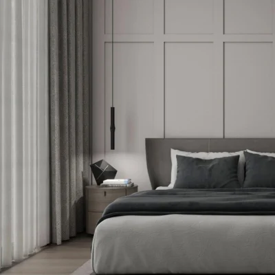 Estiluz Flow 3735S Pendelleuchte Schwarz neben dem Bett im Schlafzimmer